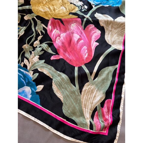 Saldarini Silk Scarf Black & Multicolor Big Floral Hand-Rolled Hem 33" x 33" - Picture 2 of 8
